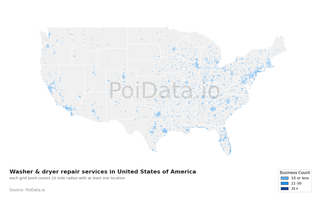 Washer & dryer repair service density map for United States