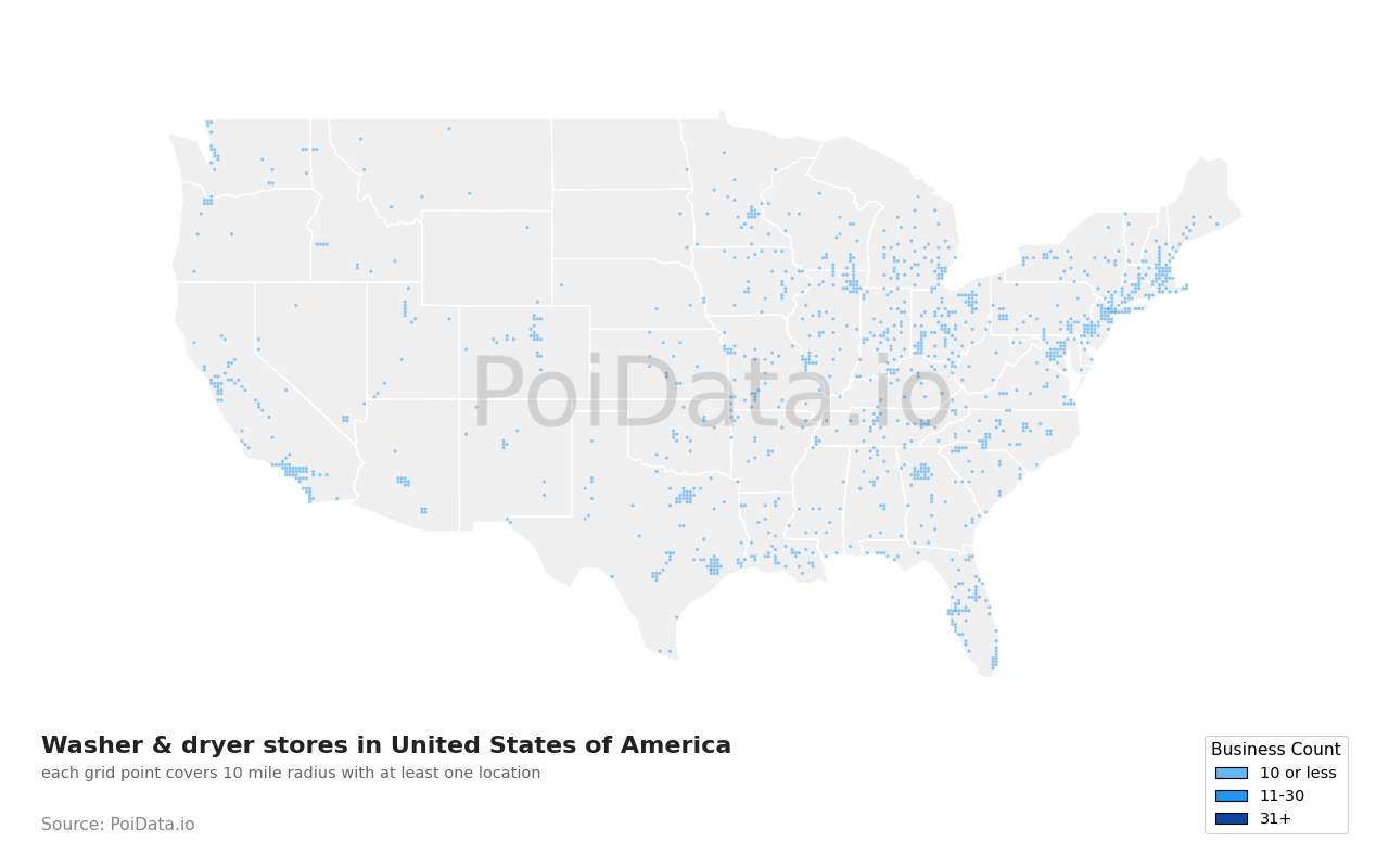 Washer & dryer store density map for Florida, United States