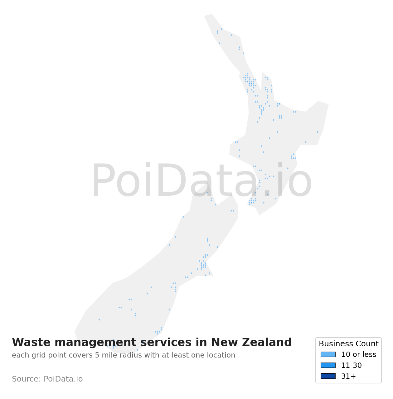 Waste management service density map for New Zealand