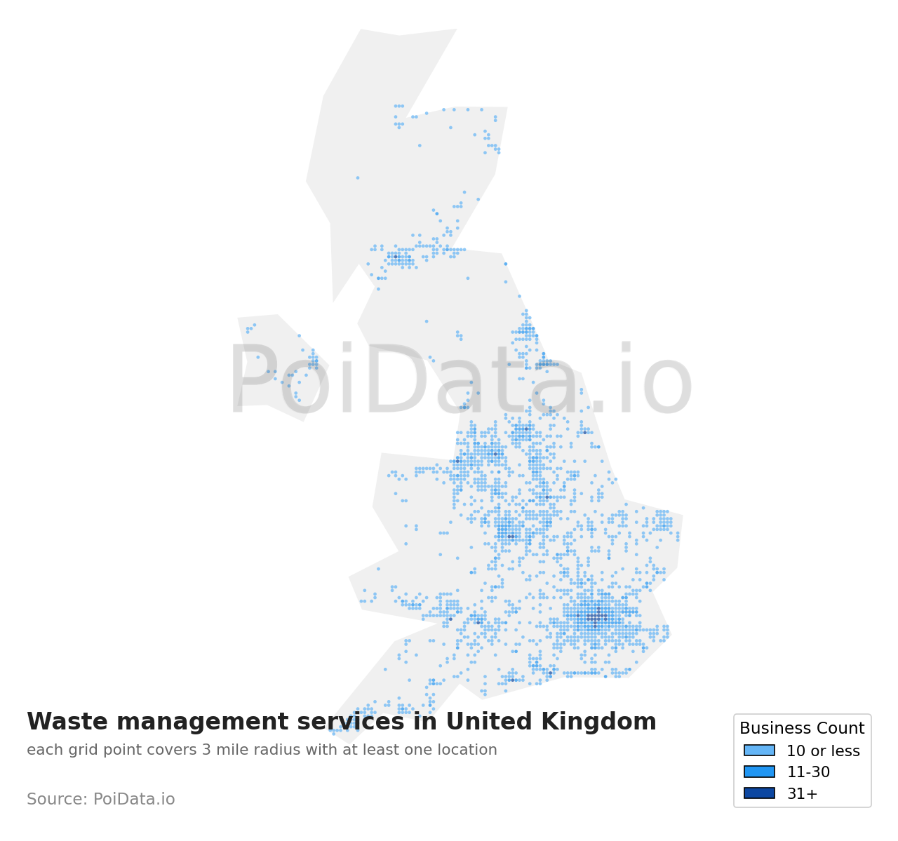 Waste management service density map for United Kingdom