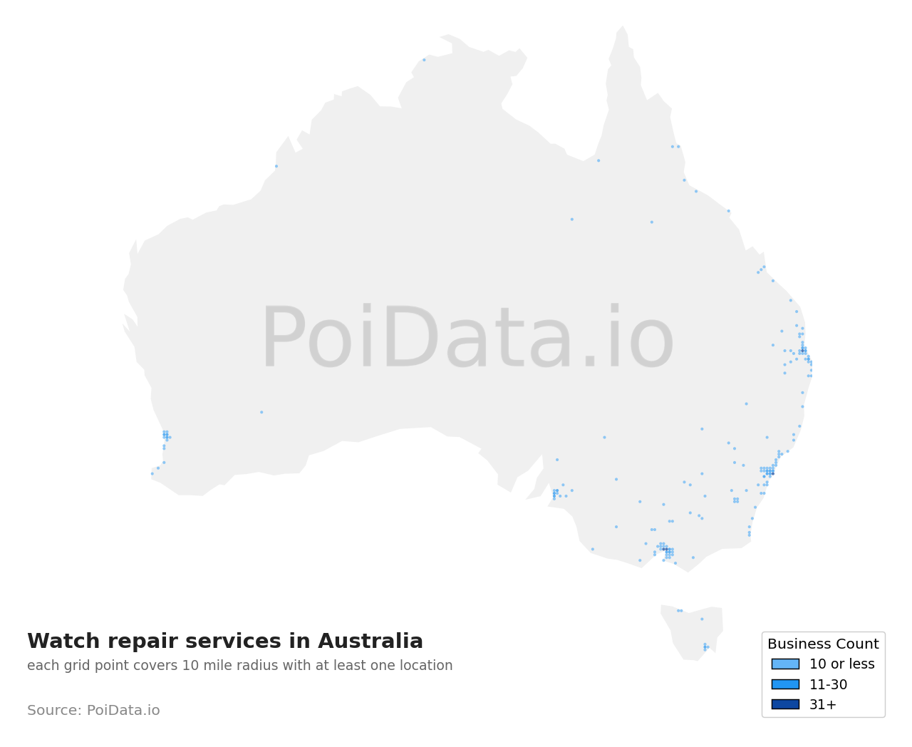 Watch repair service density map for Australia