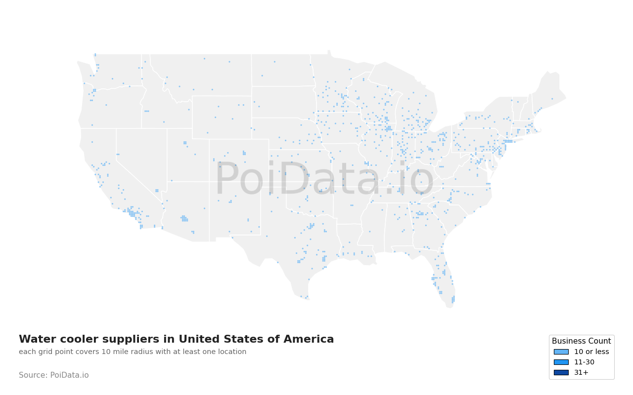 Water cooler supplier density map for United States