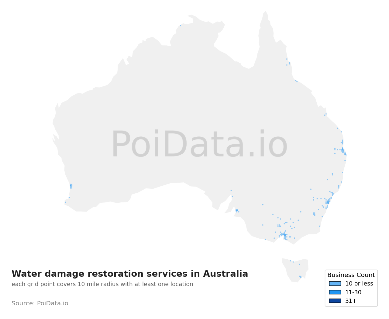 Water damage restoration service density map for Tasmania, Australia
