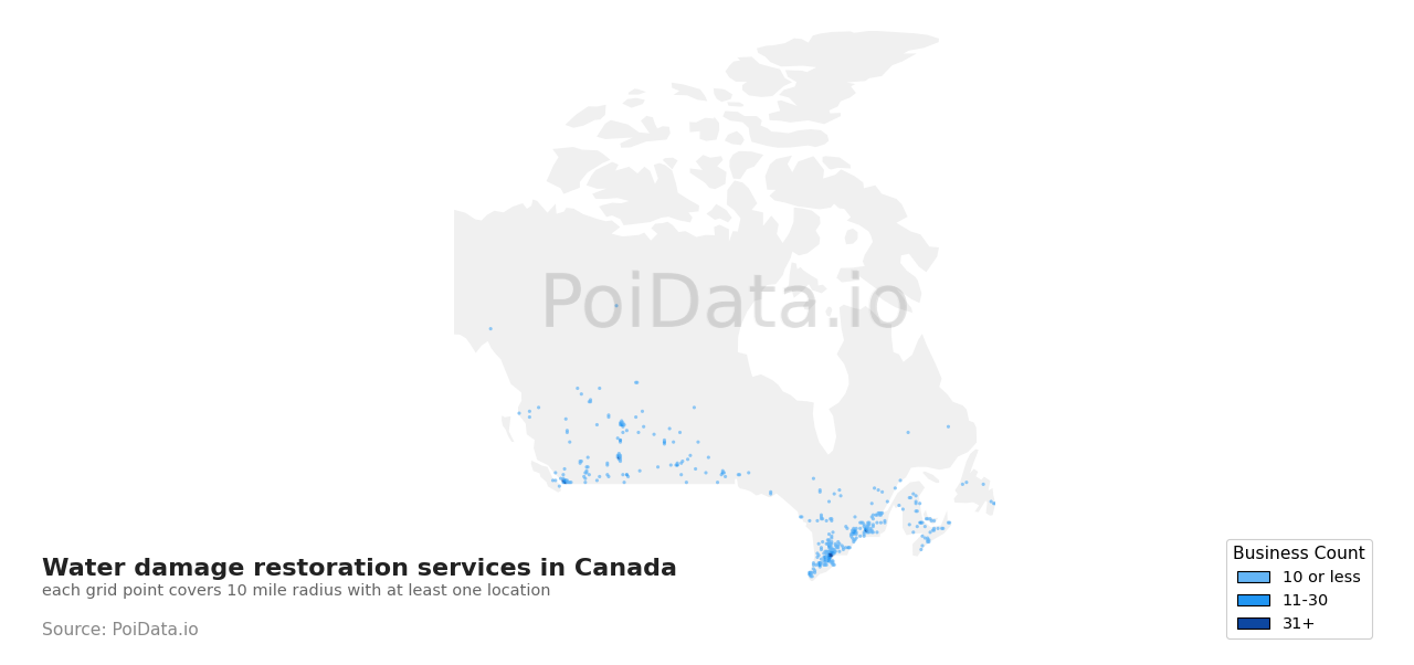 Water damage restoration service density map for Saskatchewan, Canada