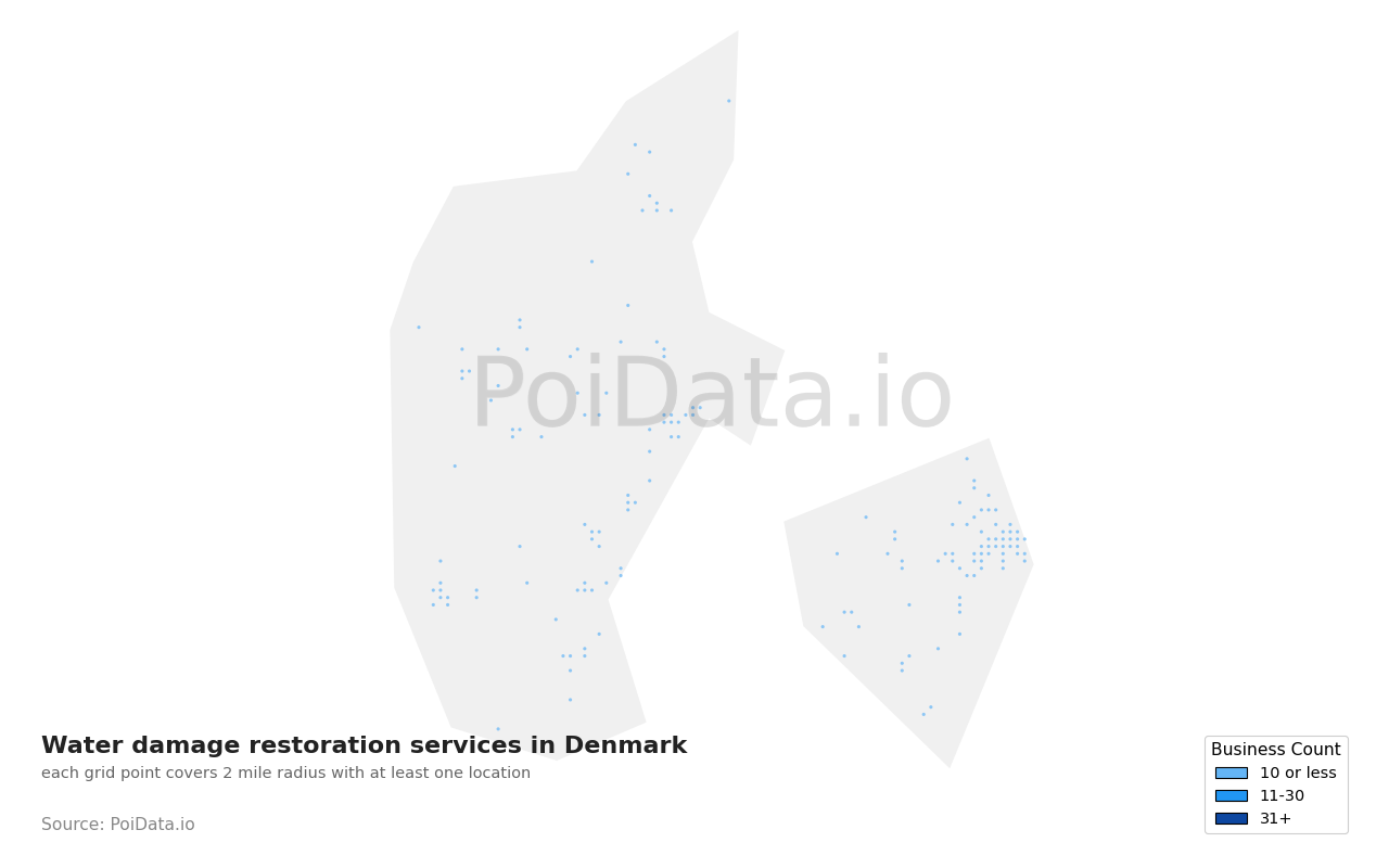 Water damage restoration service density map for Denmark