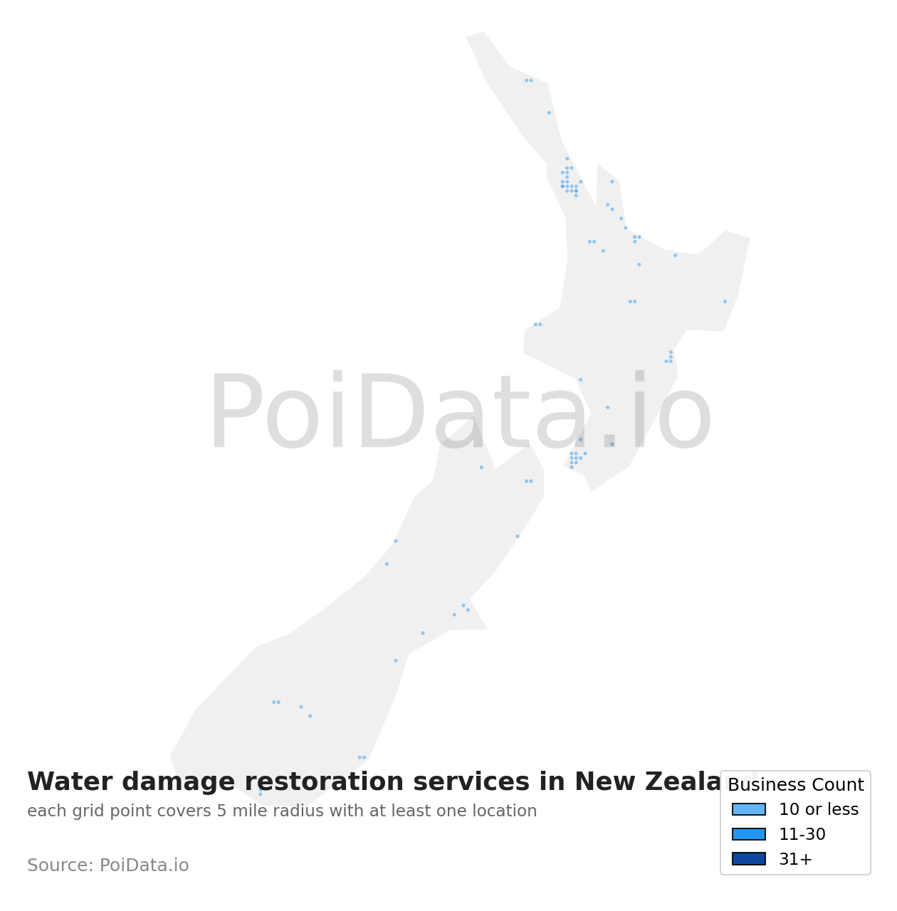 Water damage restoration service density map for New Zealand