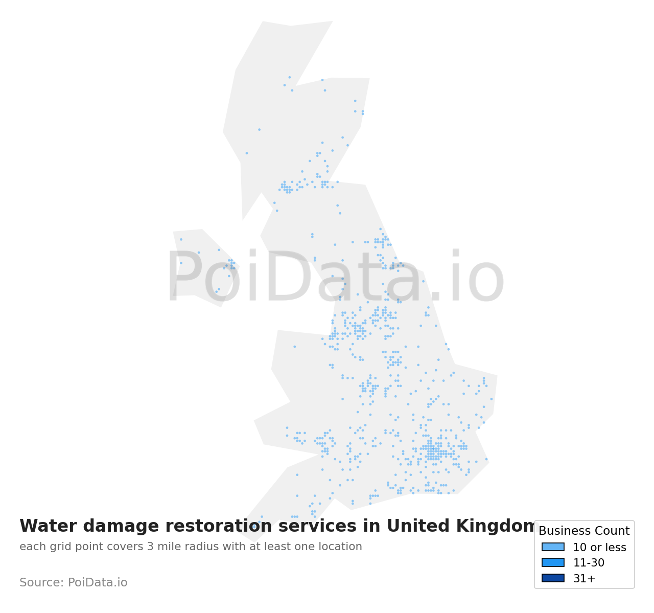 Water damage restoration service density map for United Kingdom
