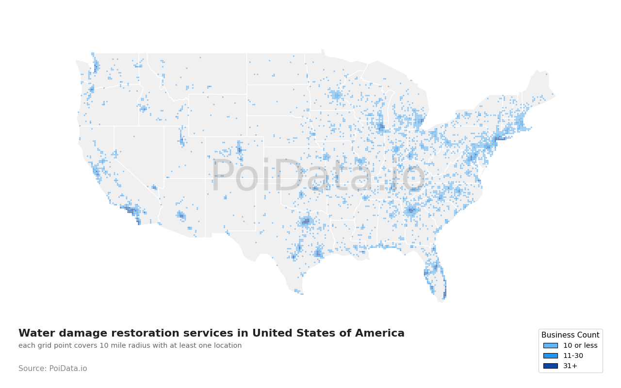 Water damage restoration service density map for Illinois, United States