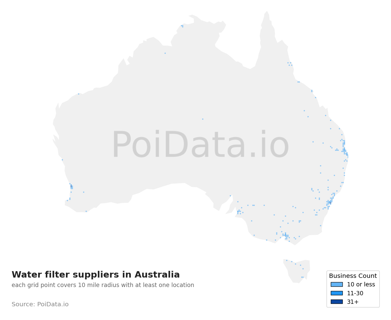 Water filter supplier density map for Australia