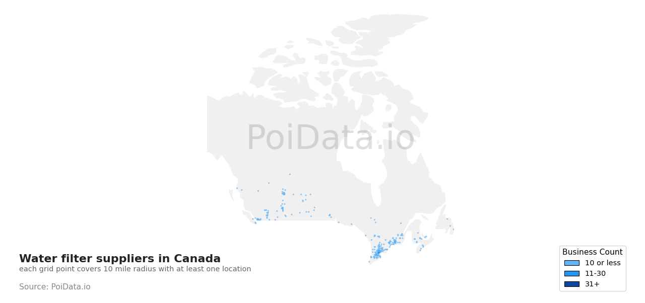 Water filter supplier density map for Alberta, Canada
