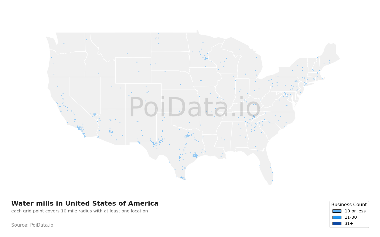 Water mill density map for United States