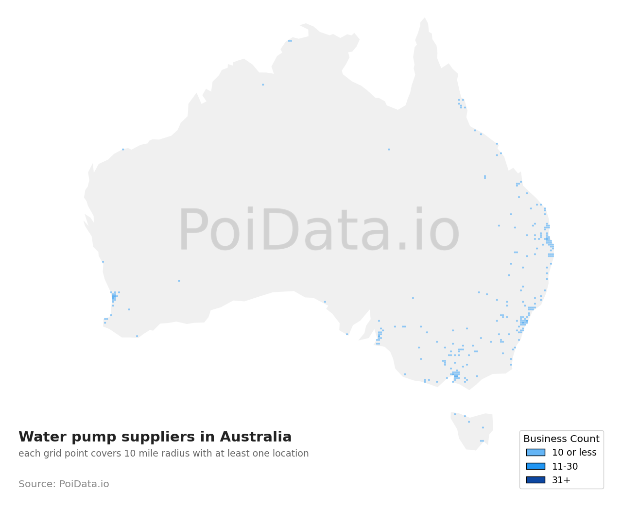 Water pump supplier density map for Australia