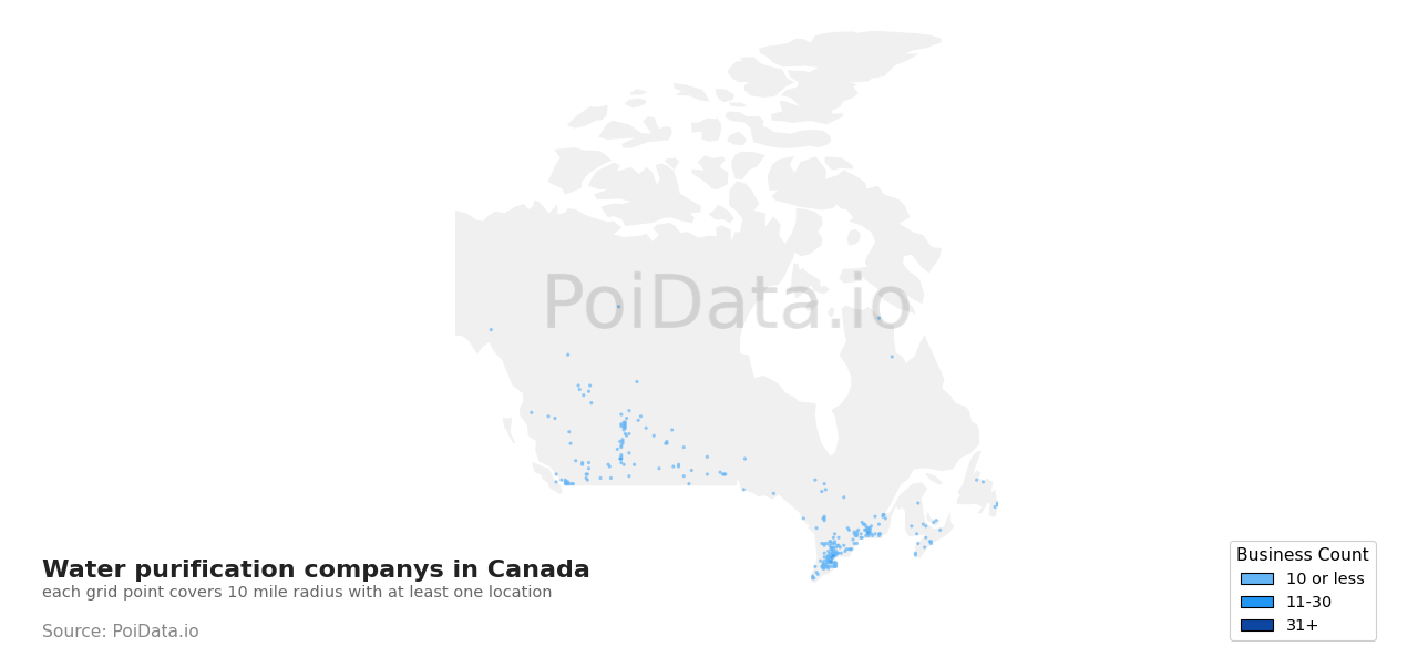 Water purification company density map for Canada