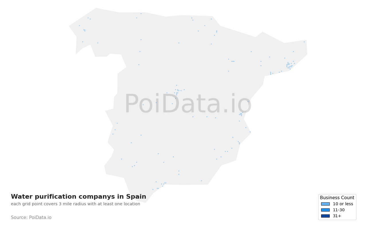 Water purification company density map for Spain
