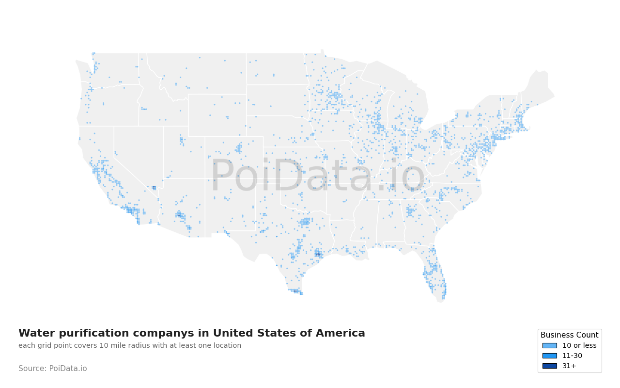 Water purification company density map for United States