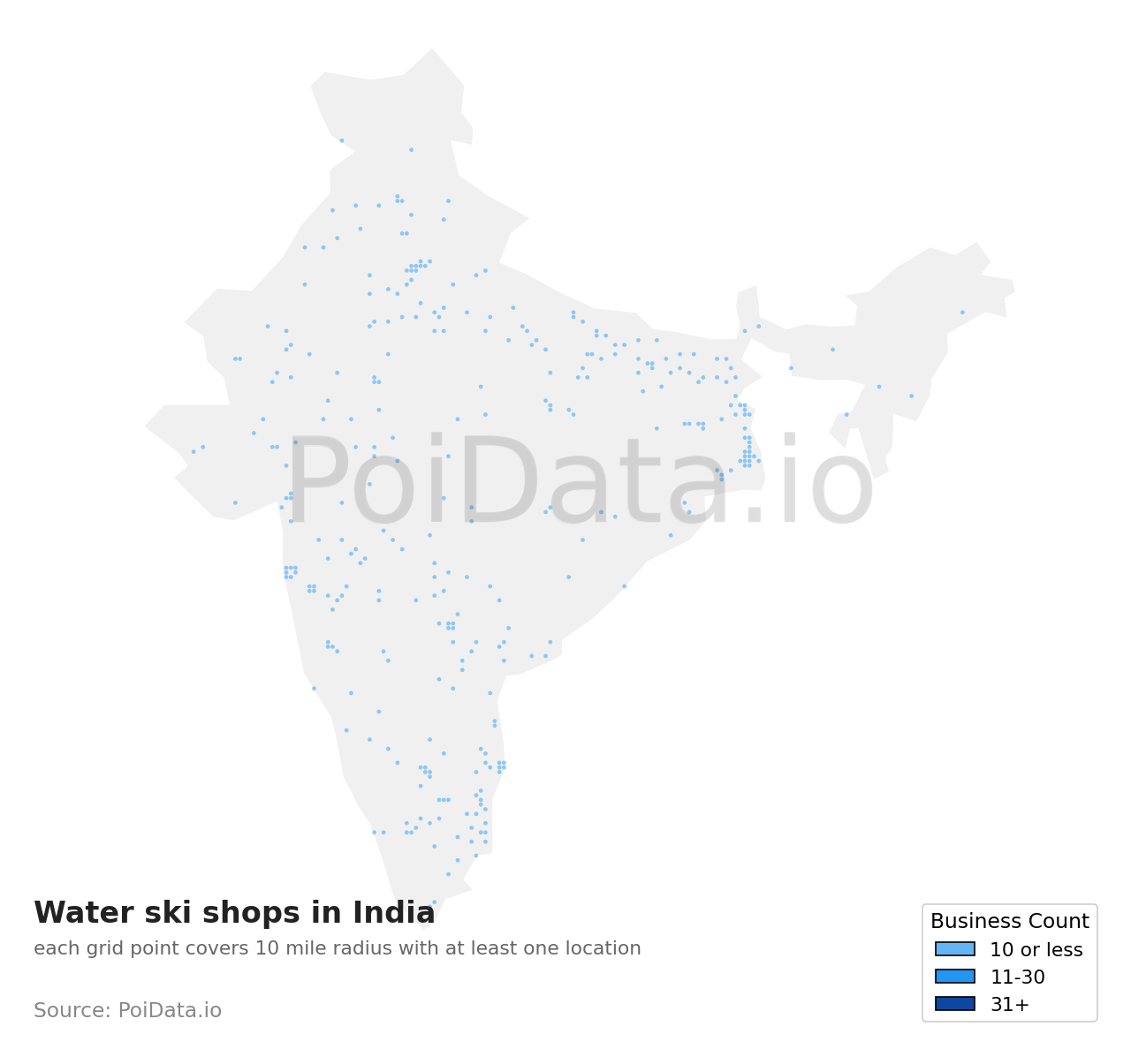 Water ski shop density map for India