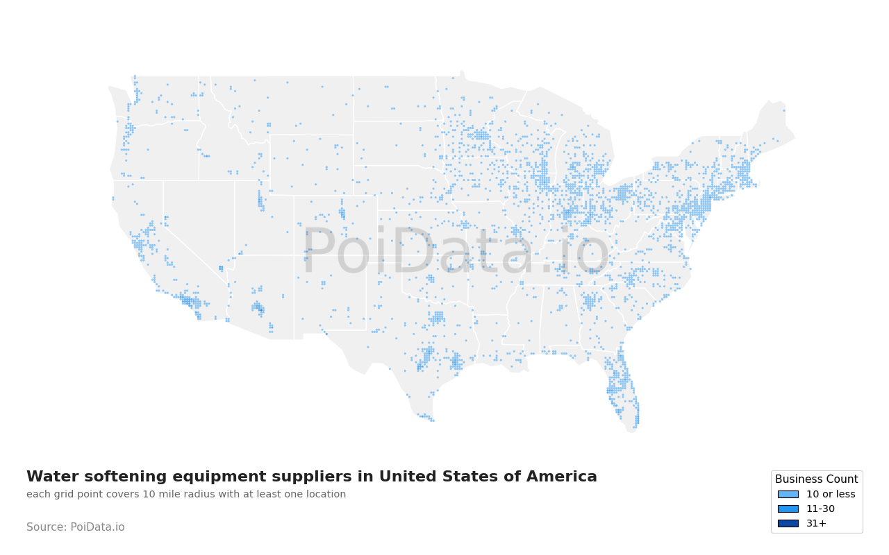 Water softening equipment supplier density map for Florida, United States