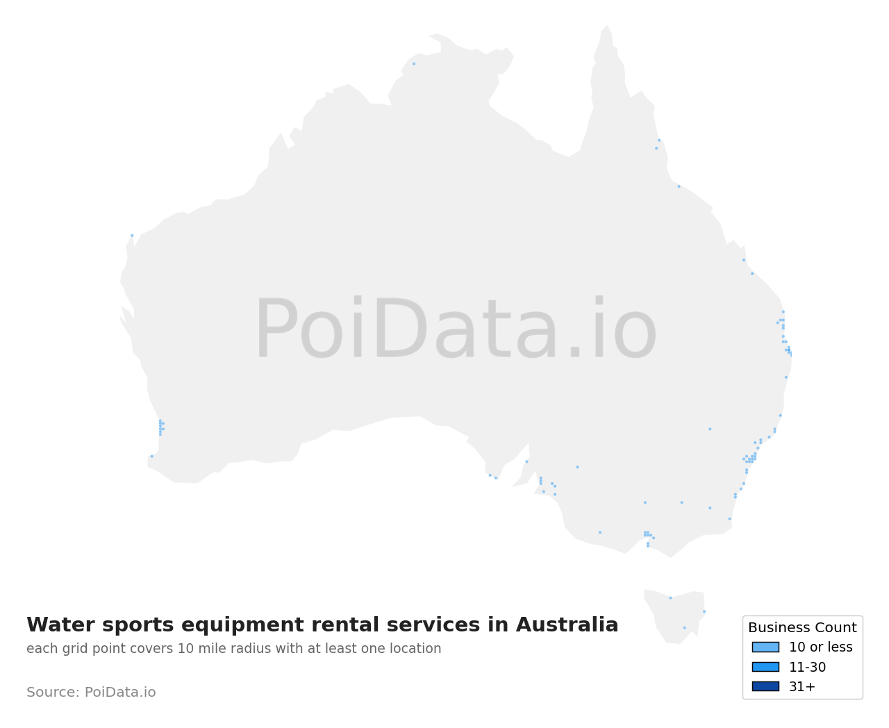 Water sports equipment rental service density map for South Australia, Australia