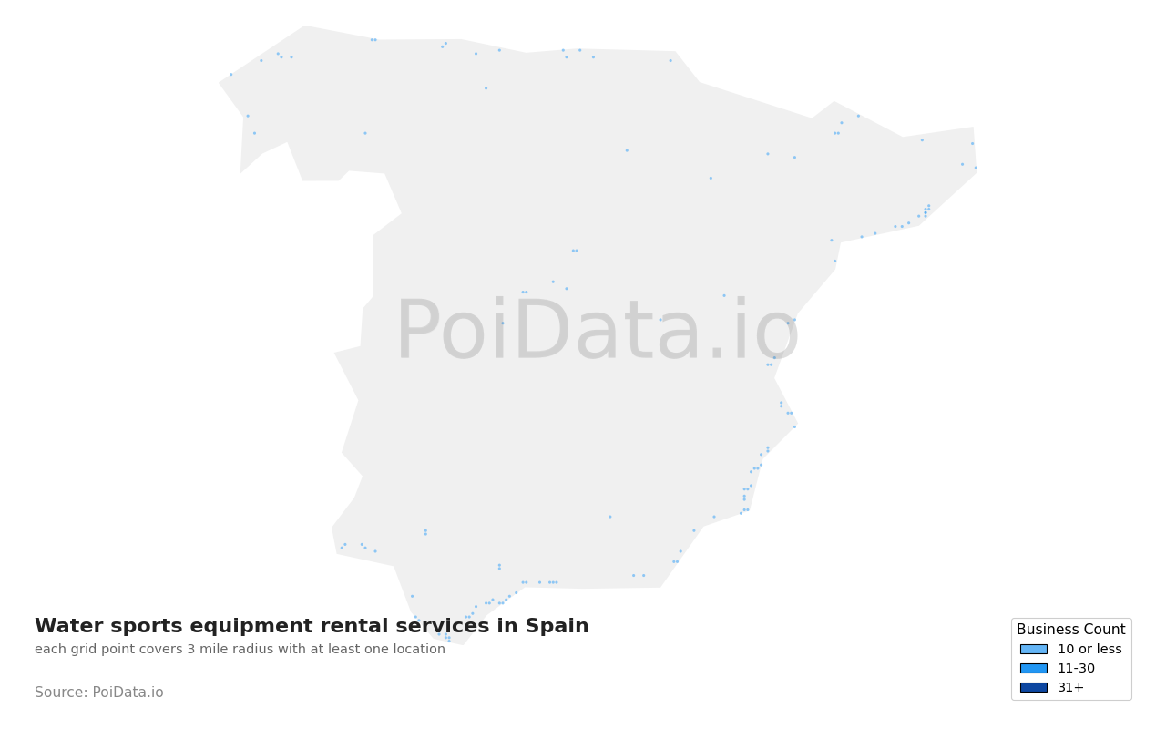 Water sports equipment rental service density map for Spain