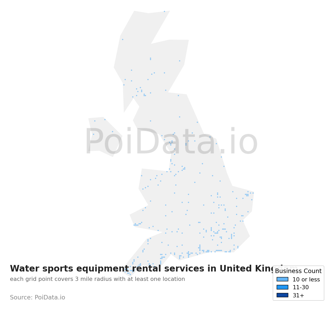 Water sports equipment rental service density map for United Kingdom