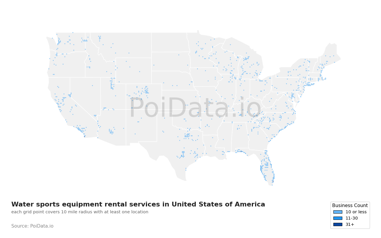 Water sports equipment rental service density map for Florida, United States
