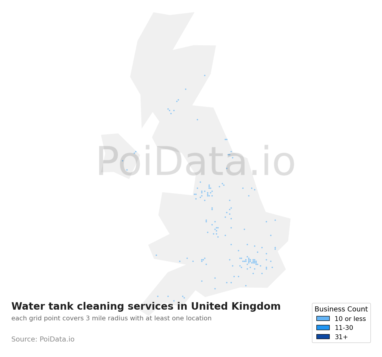 Water tank cleaning service density map for United Kingdom