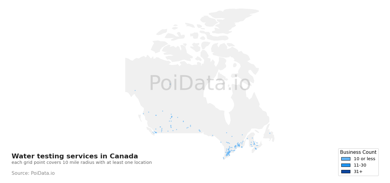 Water testing service density map for British Columbia, Canada