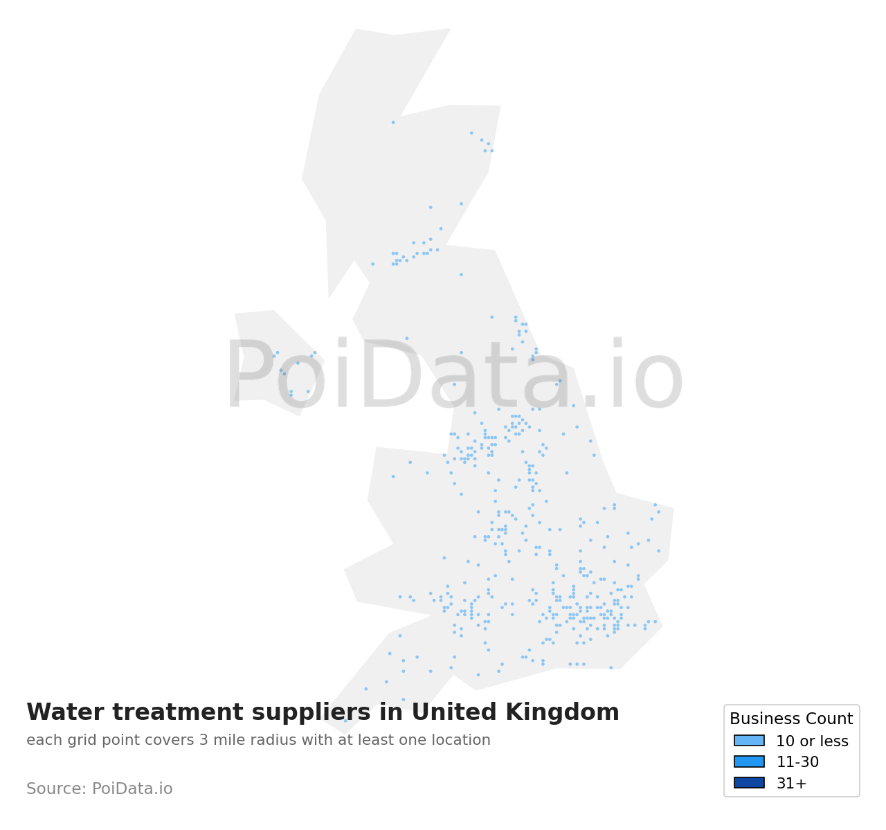 Water treatment supplier density map for United Kingdom