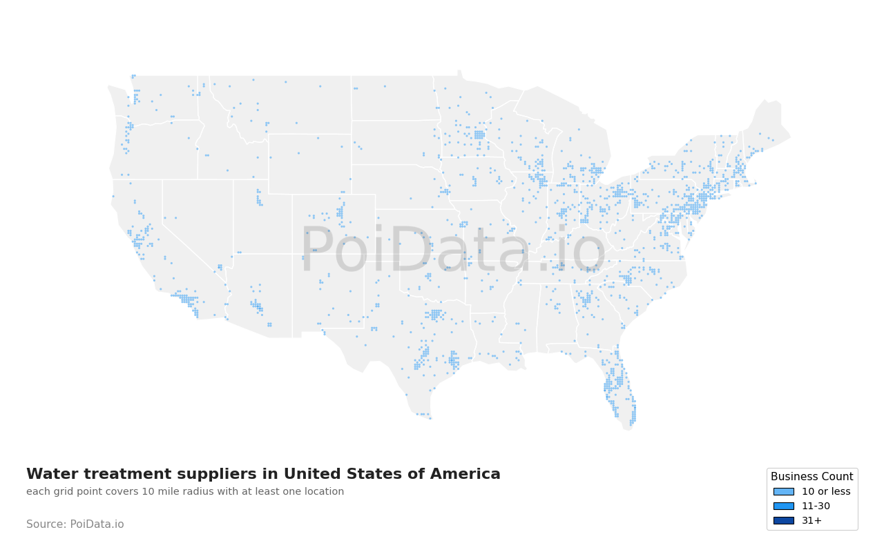 Water treatment supplier density map for United States