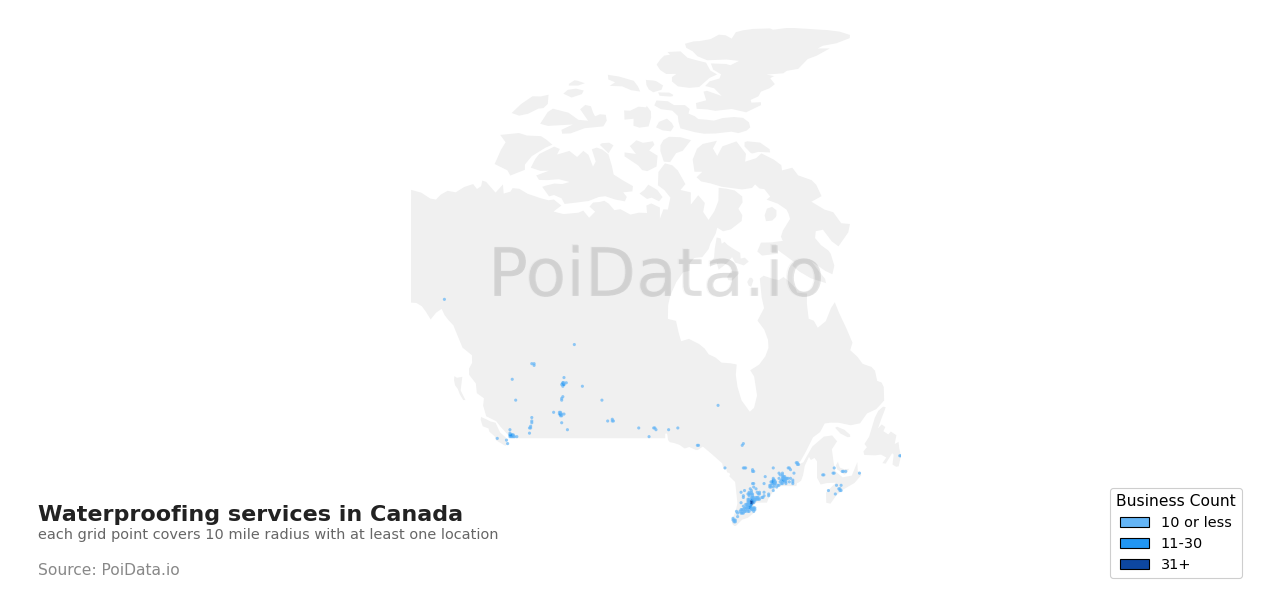 Waterproofing service density map for Quebec, Canada