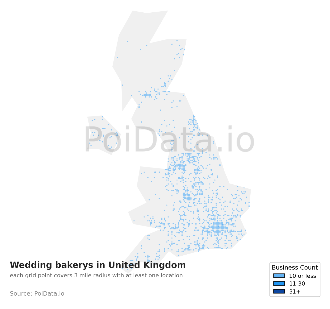 Wedding bakery density map for United Kingdom