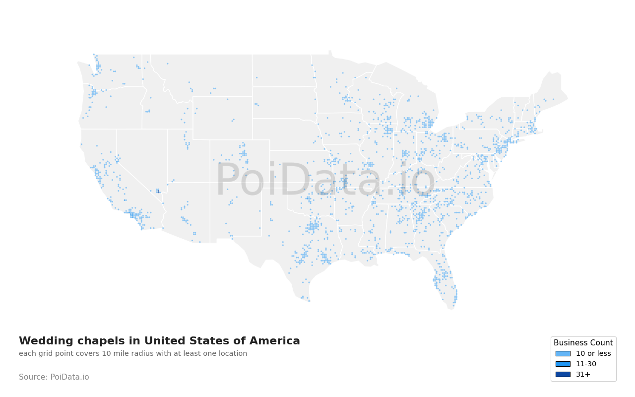 Wedding chapel density map for California, United States