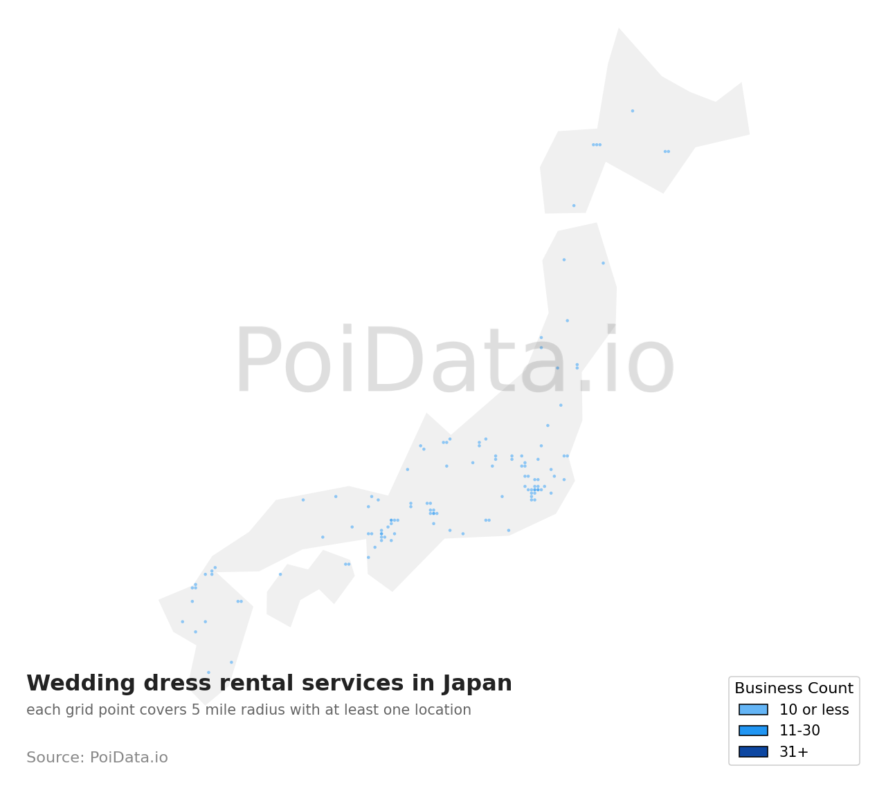 Wedding dress rental service density map for Japan
