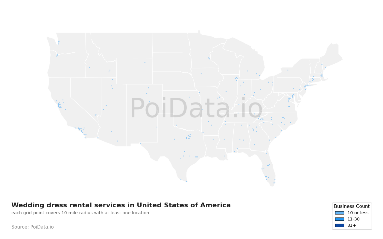 Wedding dress rental service density map for United States