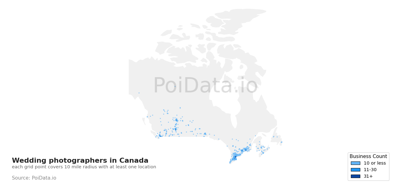 Wedding photographer density map for Canada