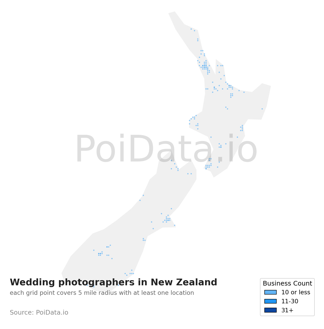 Wedding photographer density map for New Zealand