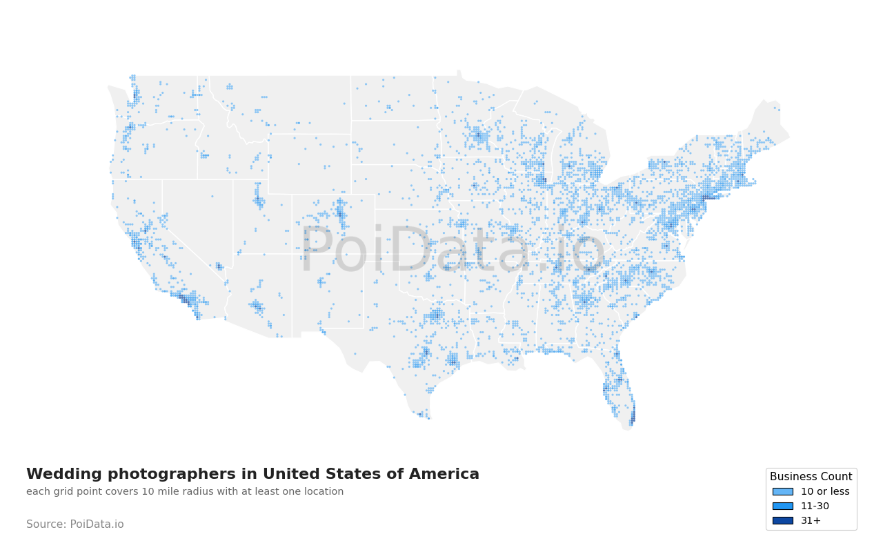 Wedding photographer density map for United States