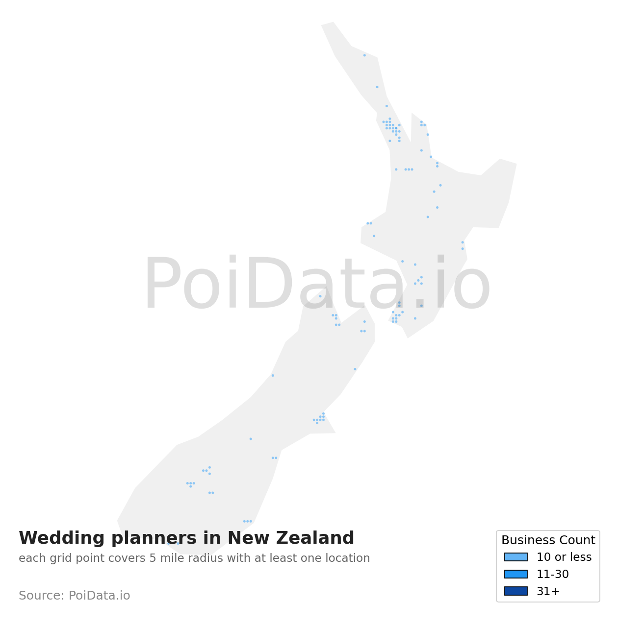 Wedding planner density map for New Zealand