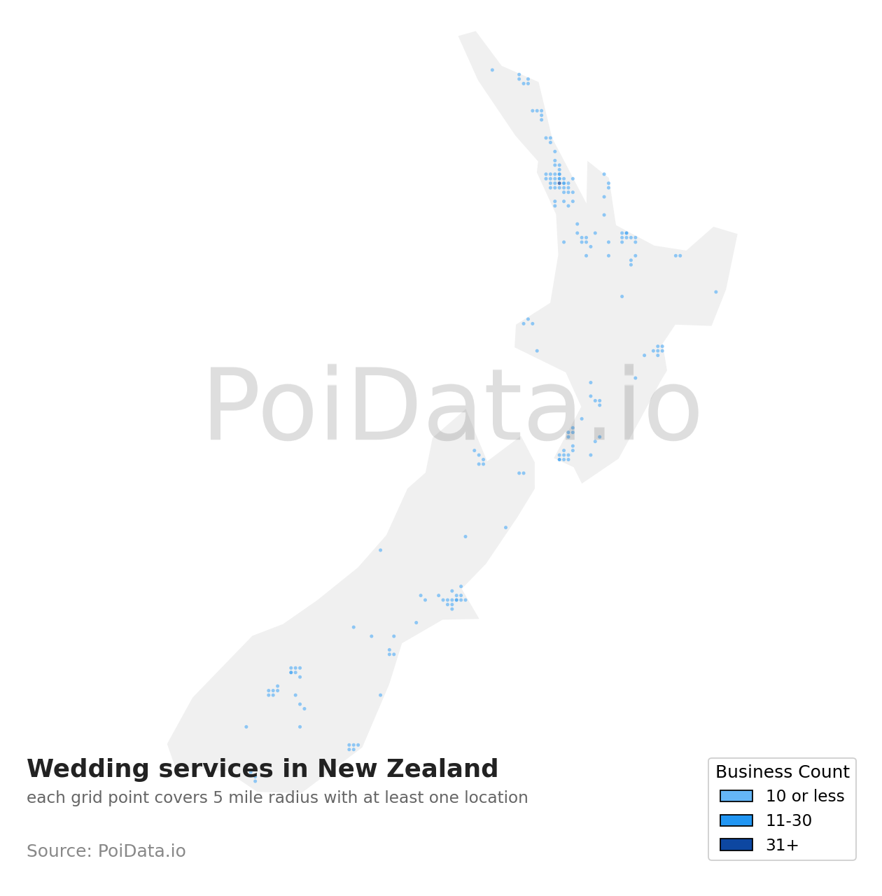 Wedding service density map for New Zealand