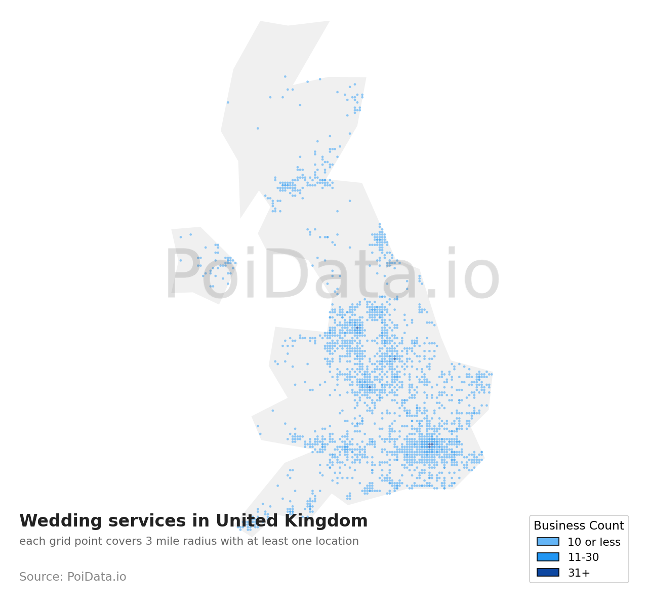 Wedding service density map for United Kingdom