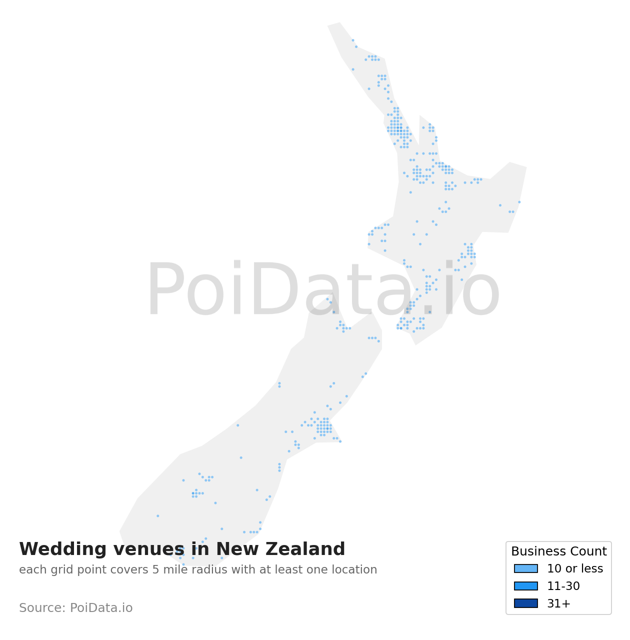 Wedding venue density map for New Zealand