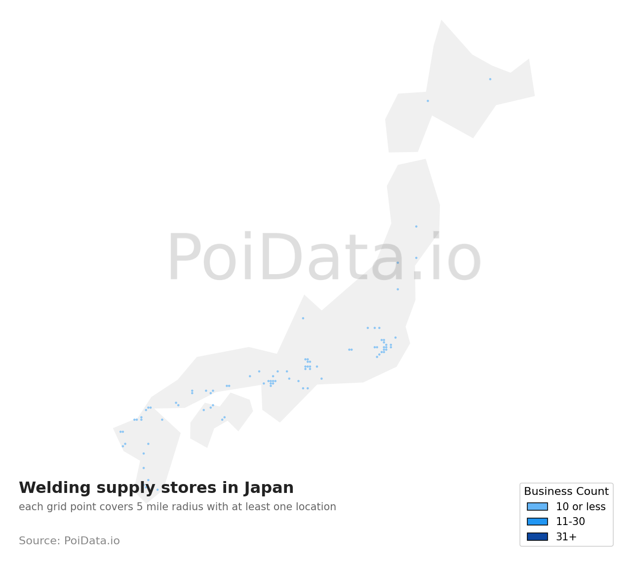 Welding supply store density map for Japan