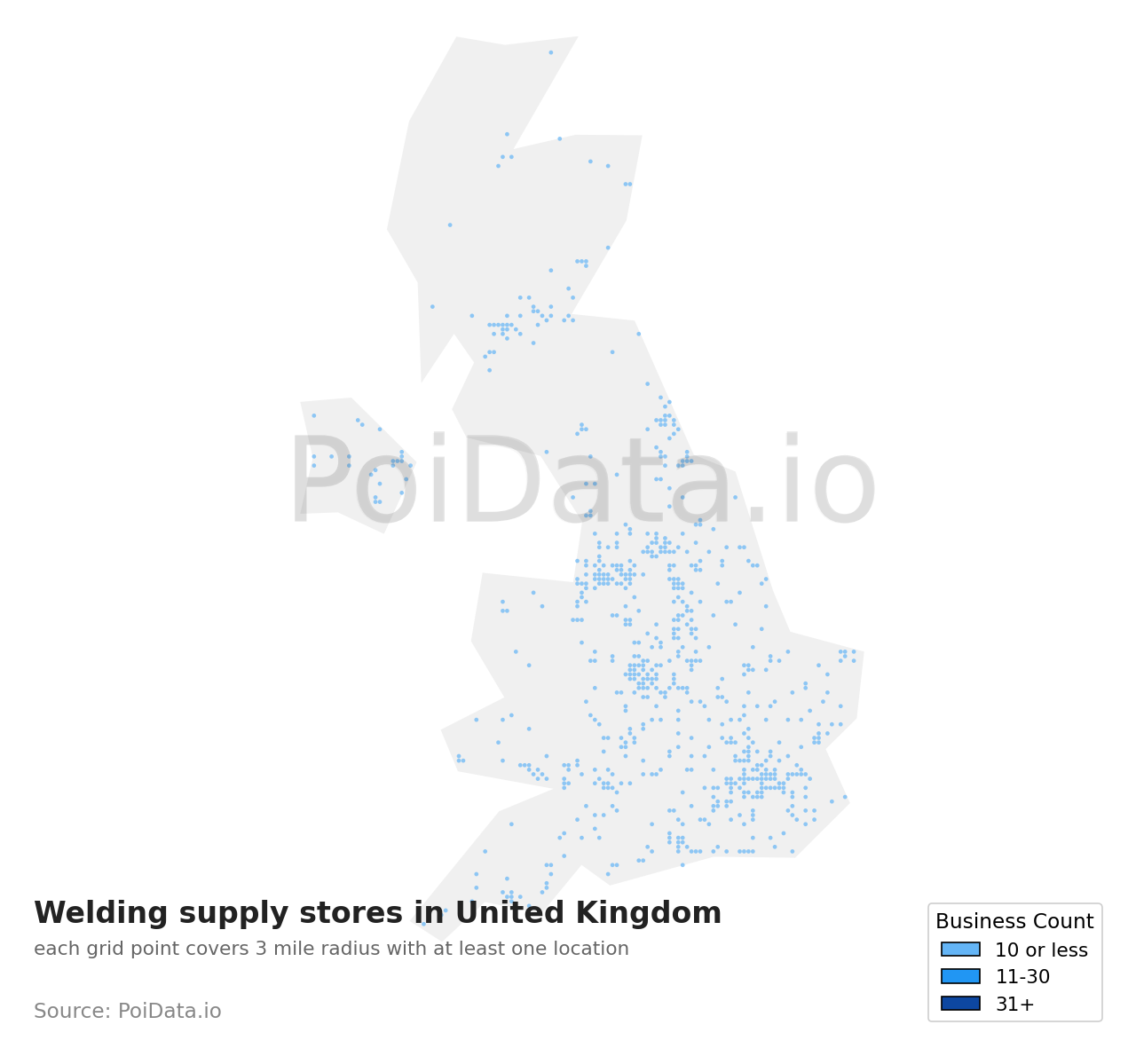 Welding supply store density map for United Kingdom