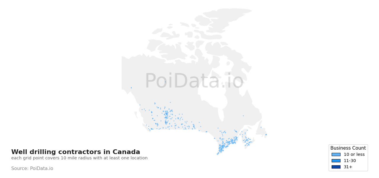 Well drilling contractor density map for Canada