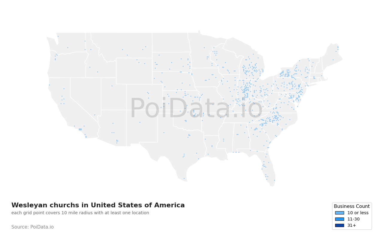 Wesleyan church density map for United States