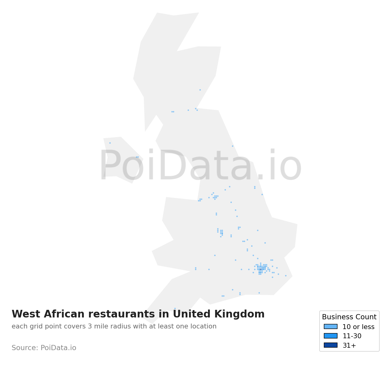 West African restaurant density map for United Kingdom