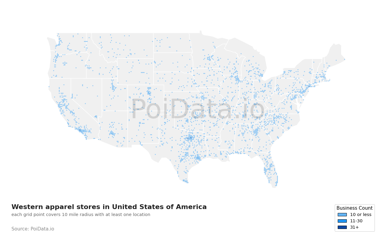 Western apparel store density map for South Carolina, United States