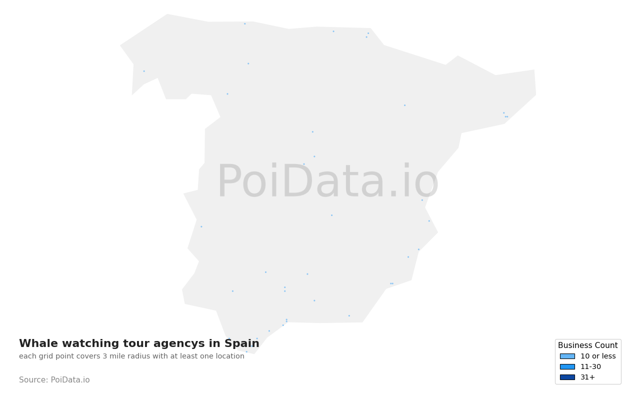 Whale watching tour agency density map for Spain