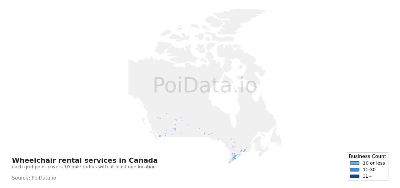 Wheelchair rental service density map for Saskatchewan, Canada