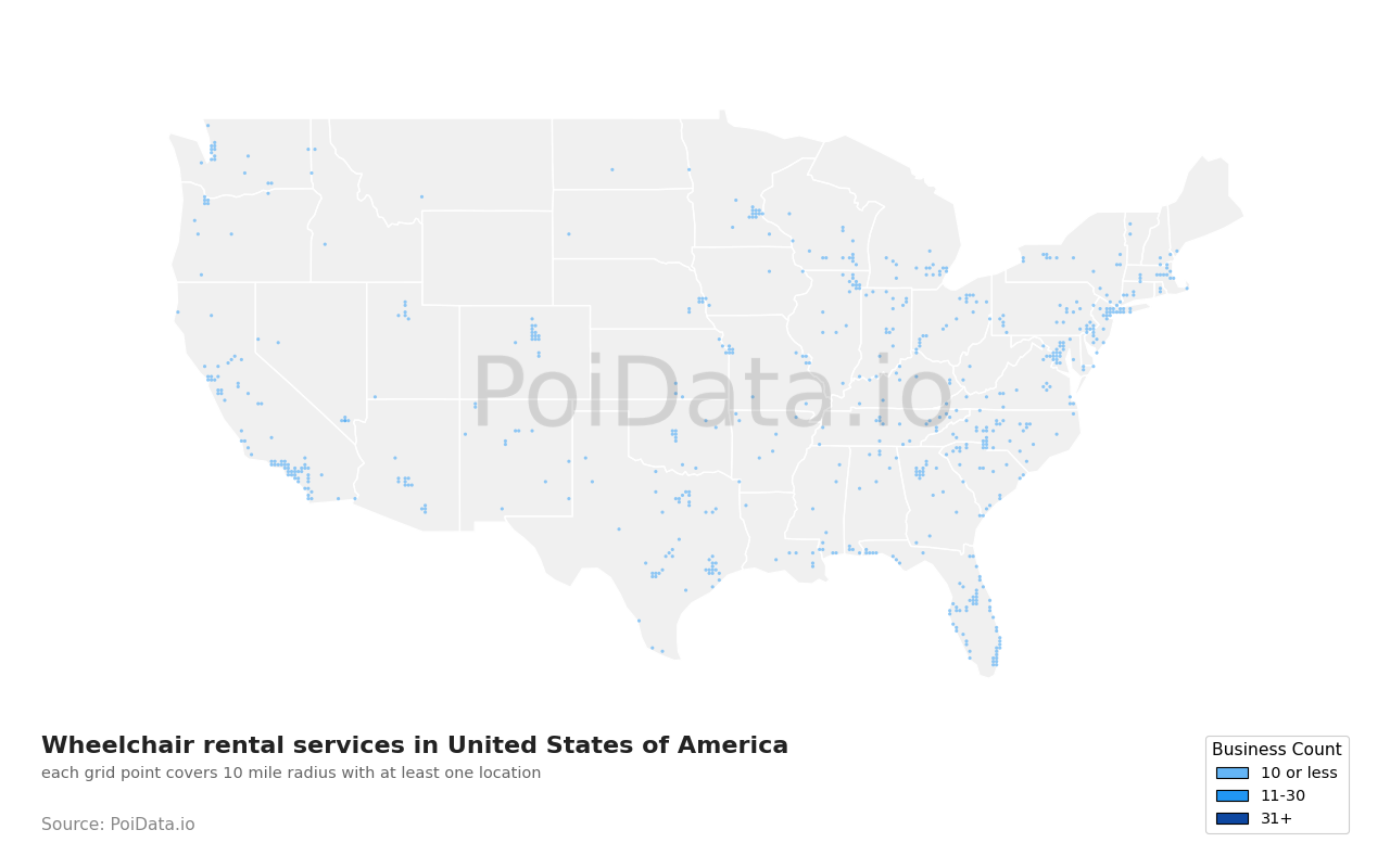 Wheelchair rental service density map for United States